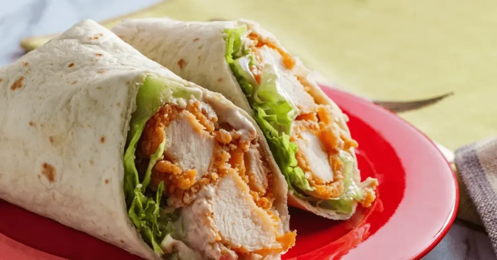 Two grilled chicken wraps filled with crispy, juicy chicken, fresh lettuce, and creamy sauce, served on a vibrant red plate, perfect for a flavorful grilled chicken wrap recipe.