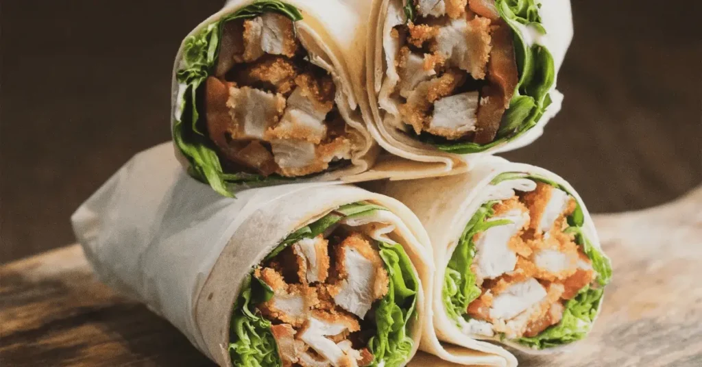 Four grilled chicken wraps filled with crispy chicken pieces, fresh lettuce, and wrapped in soft tortillas, stacked neatly on a wooden surface.