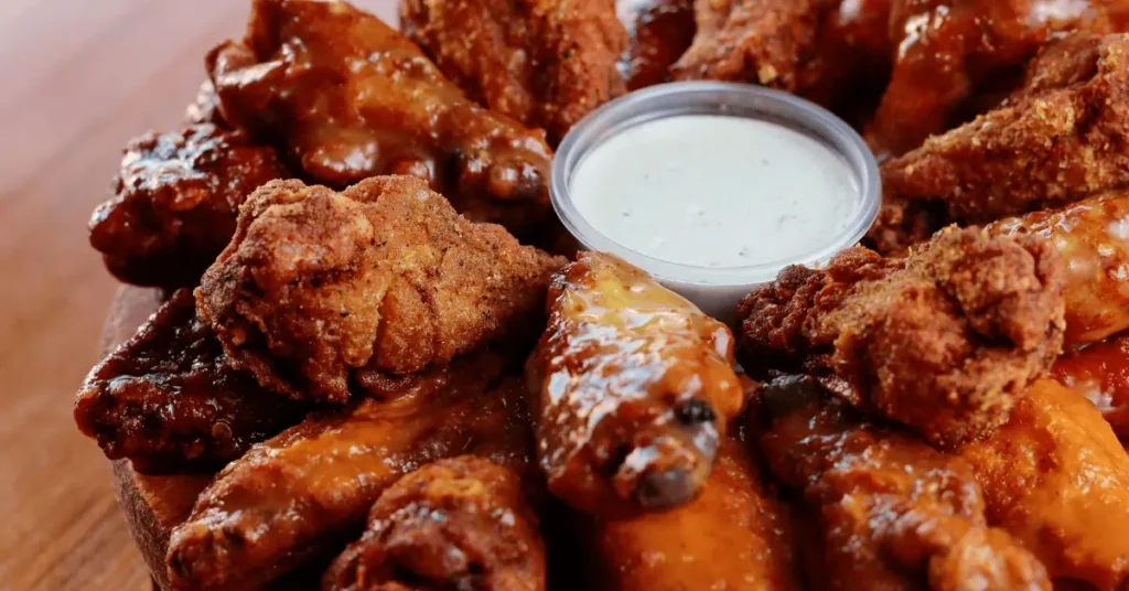 A platter of golden and crispy chicken wings coated with a flavorful chicken wing rub recipe, served with a creamy dipping sauce.