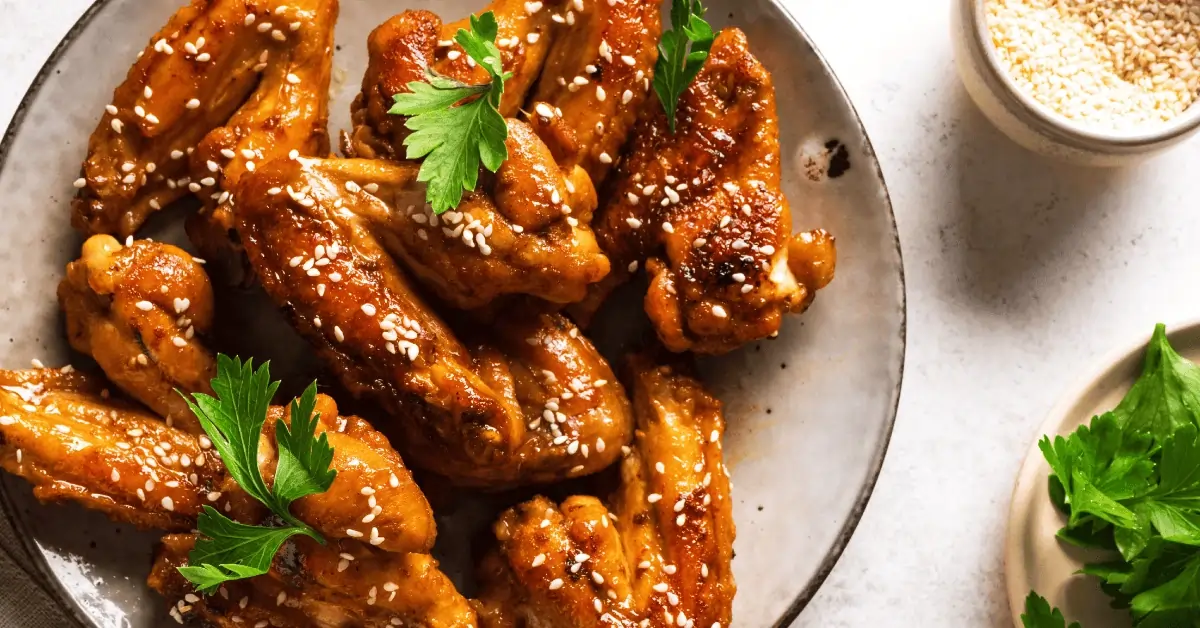 Glazed chicken wings sprinkled with sesame seeds and garnished with fresh parsley, seasoned with a flavorful chicken wing rub recipe.