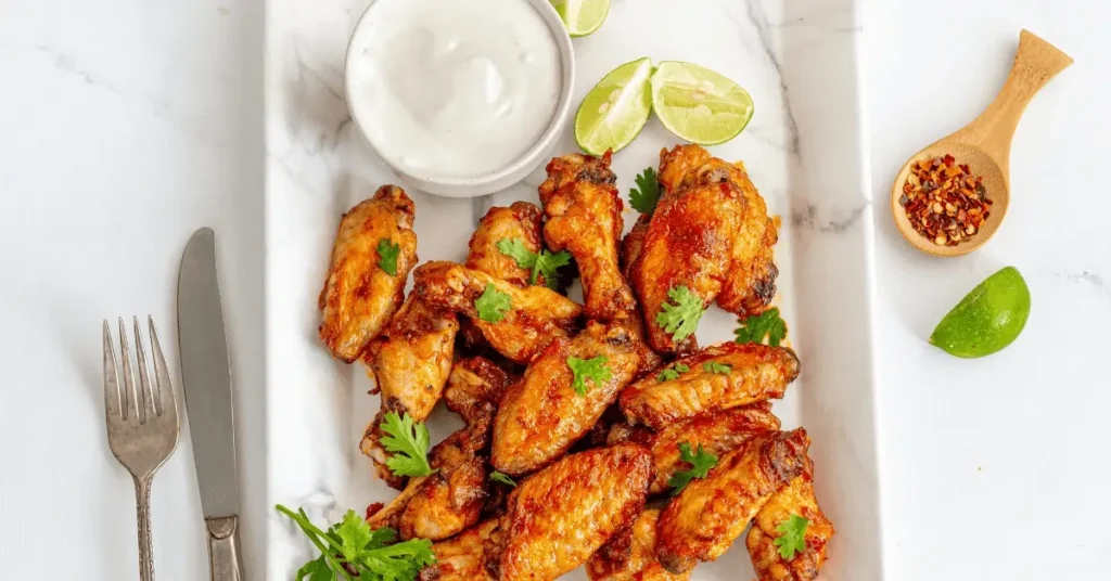 Crispy chicken wings seasoned with a homemade chicken wing rub recipe, served with lime wedges and creamy dipping sauce.