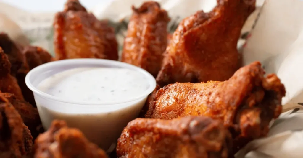 Crispy chicken wings seasoned with a flavorful chicken wing rub recipe, served with a creamy ranch dipping sauce.