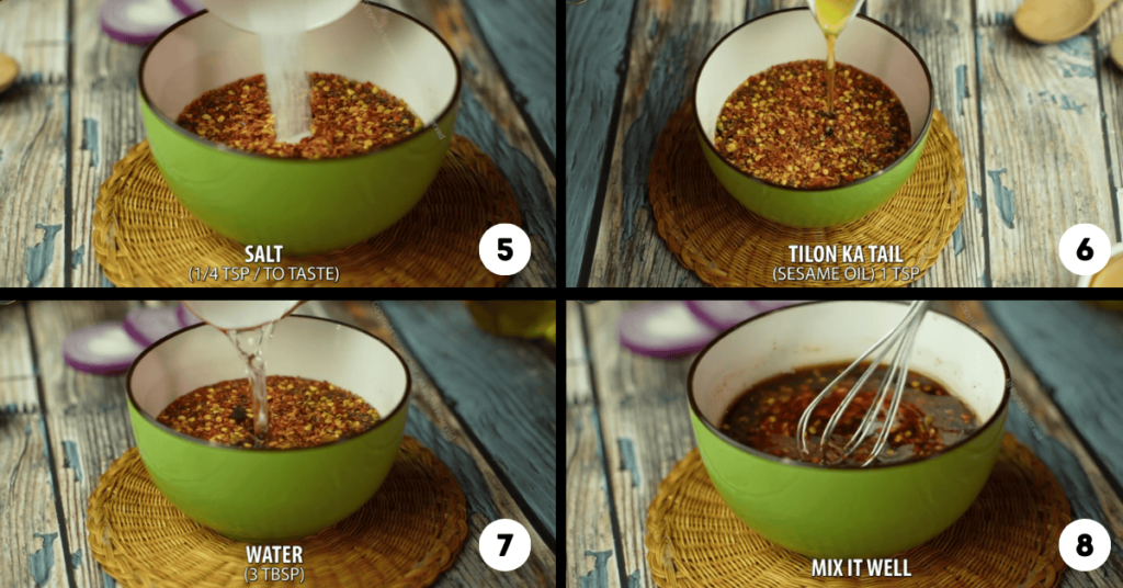 Step-by-step preparation of the sauce for a rice recipe with Korean chicken, including salt, sesame oil, water, and seasoning mixed in a green bowl.