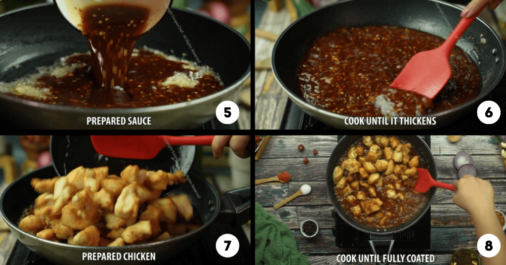 Step-by-step process of preparing the sauce and coating chicken for a rice recipe with Korean chicken, featuring a sizzling pan of rich, thickened sauce and perfectly coated chicken.