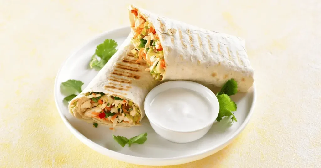 Chicken salad wrap recipe with tender chicken, fresh vegetables, and creamy dressing wrapped in a soft tortilla.