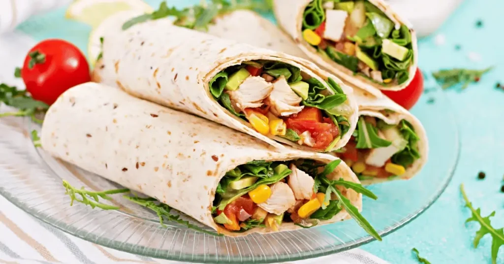 Chicken salad wrap recipe with crispy vegetables, tender chicken, and creamy dressing in a tortilla.